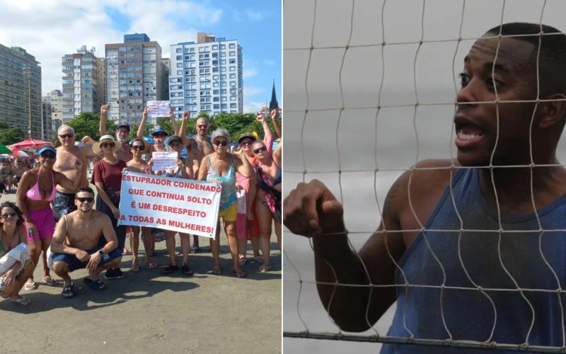 Manifestantes pedem prisão de Robinho em praia onde ex-atleta joga futevôlei no litoral de SP